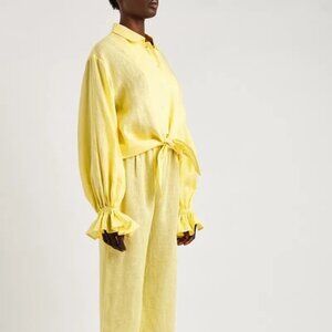 Sleeper Rumba Ruffle Trim Linen Pajama Set in Yellow | Size Small